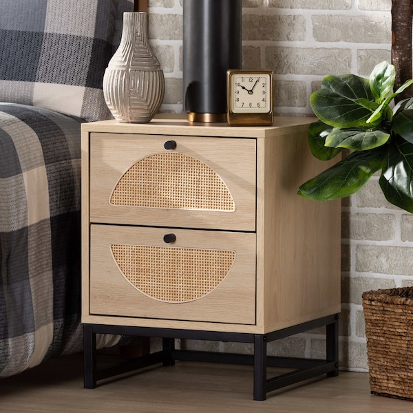 Baxton Studio Ardon Bohemian Light Brown Finished Wood and Black Metal 2-Drawer Nightstand with Natural Rattan 196-12078-ZORO - main